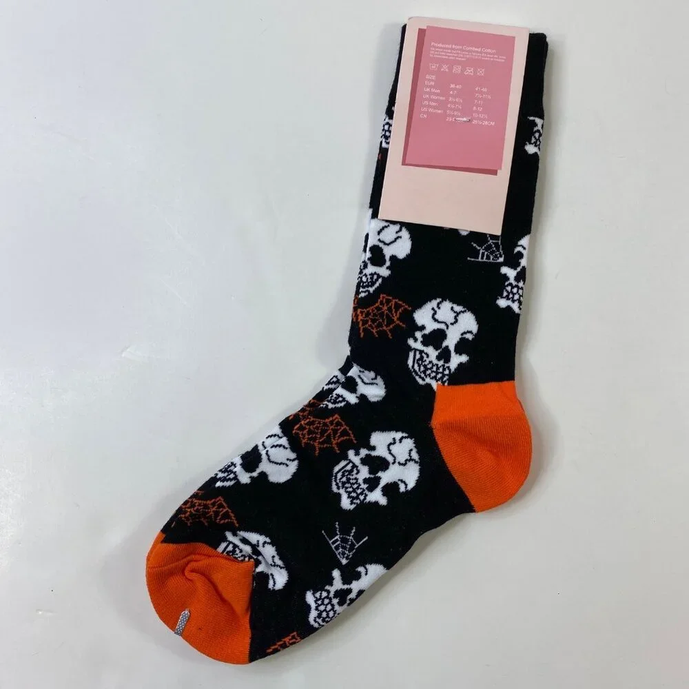Womens Halloween Crew Socks 2-Pack Skulls Spider Webs Mummies Black Orange Blue